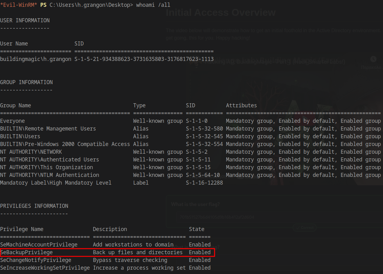 SeBackupPrivilege identified