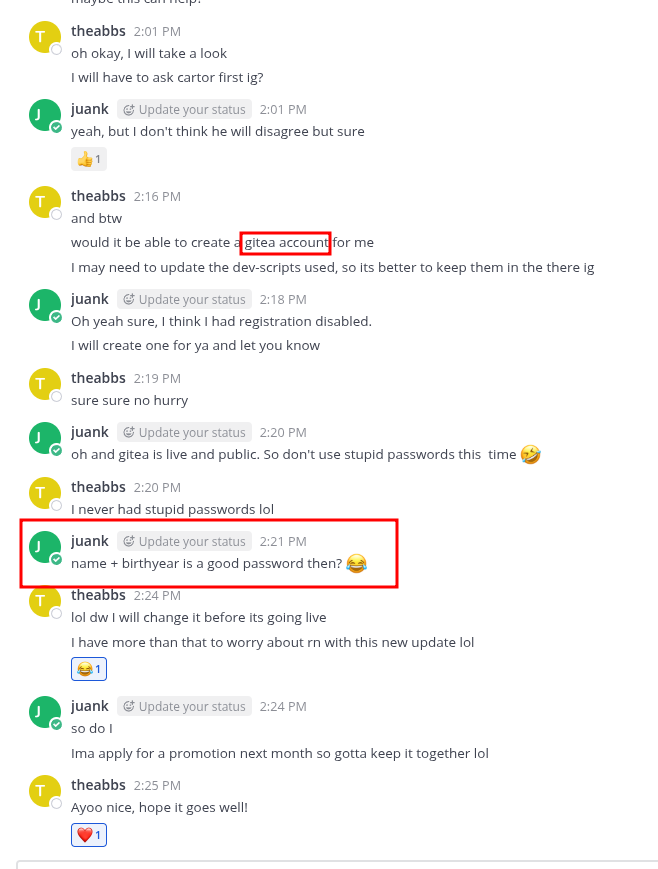 Gitea password hint in chat